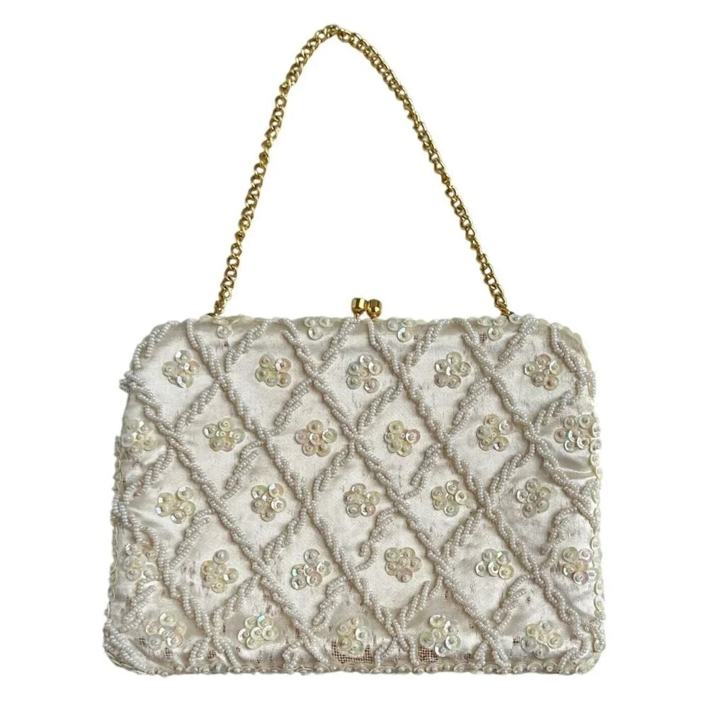 Vintage Cream Convertible Clutch Evening Bag With Sequins & Beads Hand Made - Picture 11 of 11